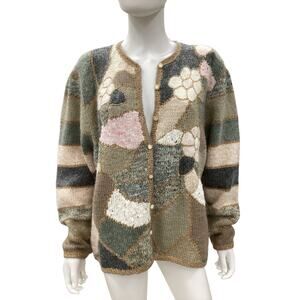 VTG Caren Charles Cardigan Women’s Size L 80’ Buttons Gold Thread Flower Motif